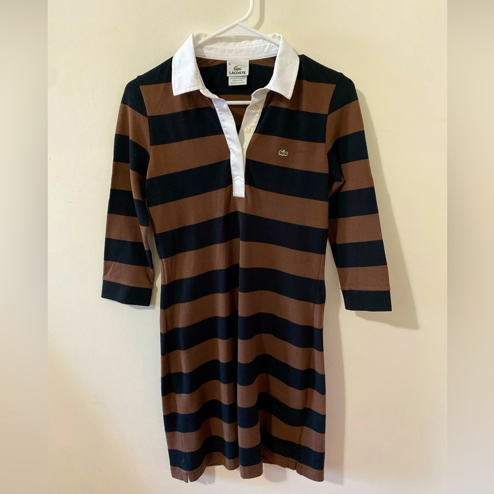 LACOSTE Rare 3/4 Sleeve Striped Polo Collared Dress Alligator Logo Pullover, 36